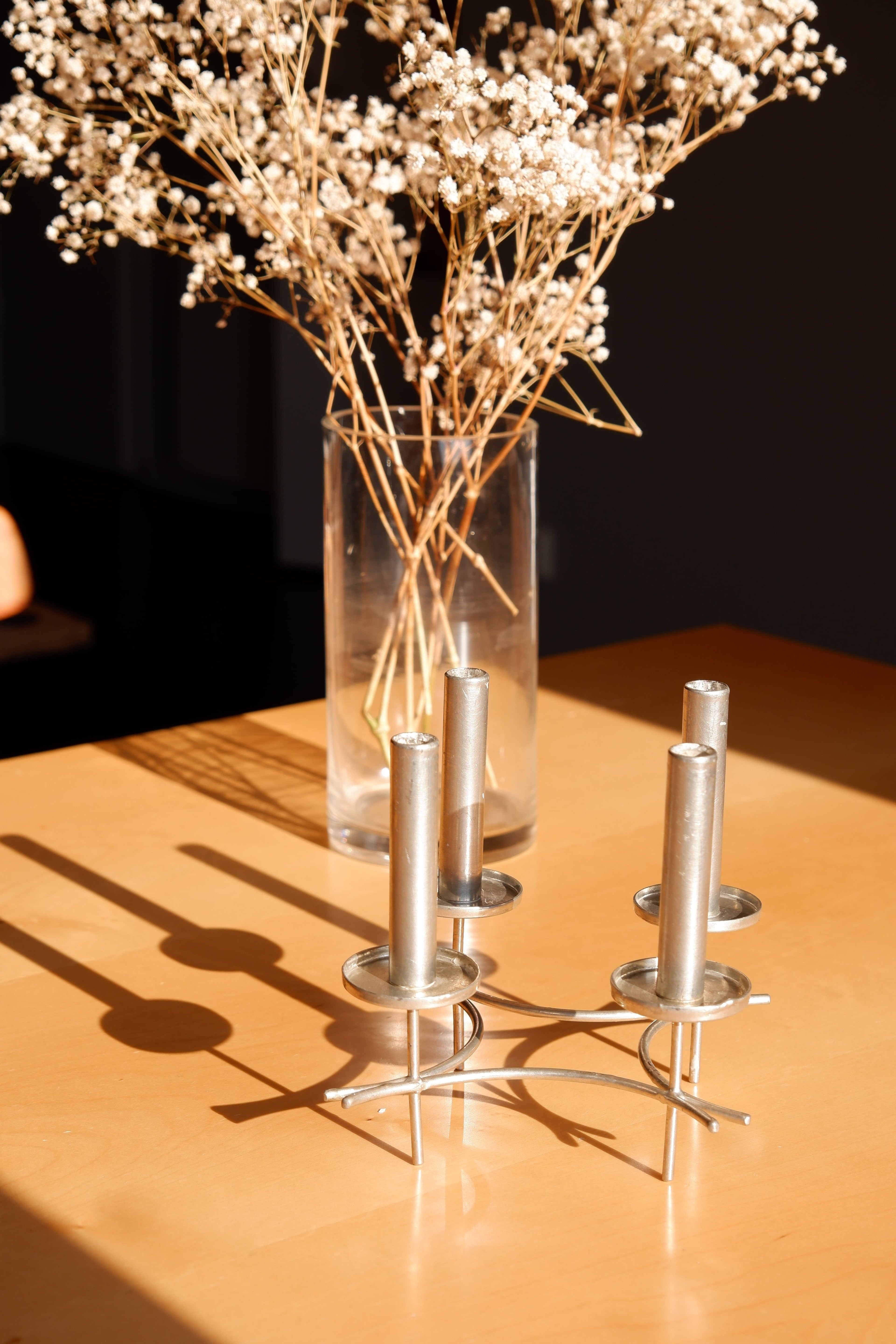Paavo Tynell hand made candelabra circa 1960, nickel brass, Finland.