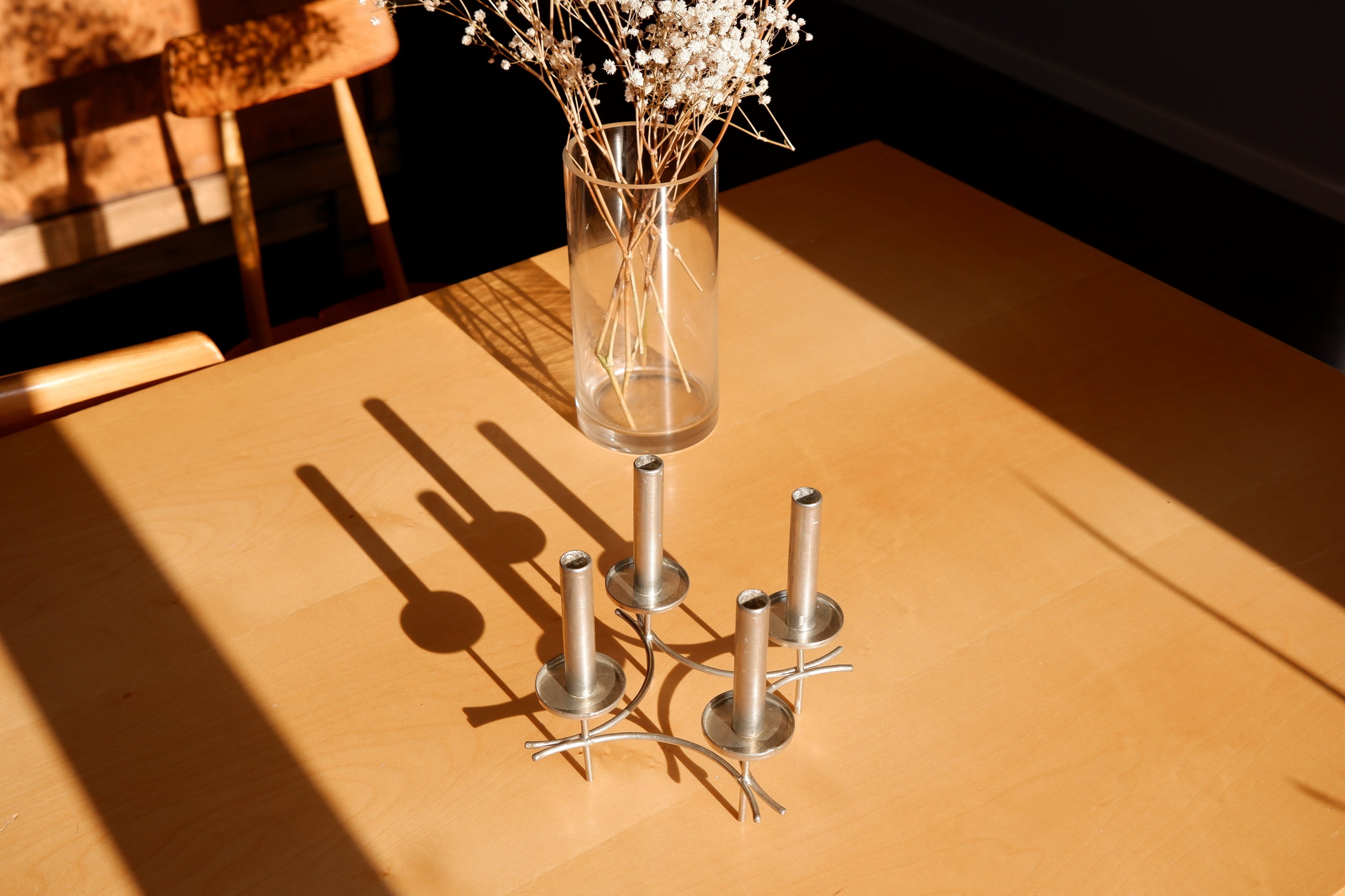 Paavo Tynell hand made candelabra circa 1960, nickel brass, Finland.