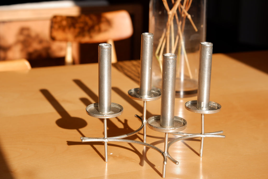 Paavo Tynell hand made candelabra circa 1960, nickel brass, Finland.