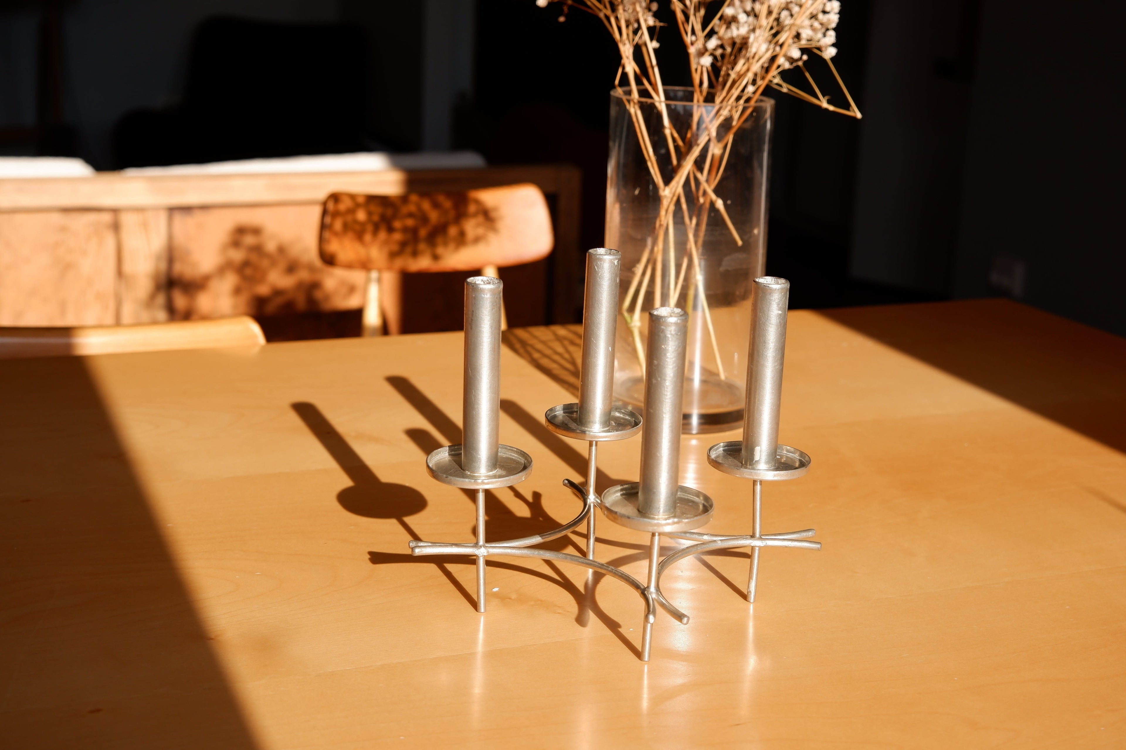 Paavo Tynell hand made candelabra circa 1960, nickel brass, Finland.